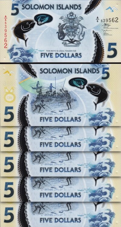 Solomon Islands 5 Dollars 2019 2023, UNC, 5 PCS LOT, Polymer , P-38