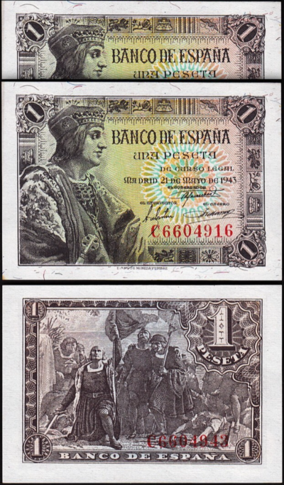 Spain Espana 1 Peseta 1943, UNC, 2 Pcs PAIR, Consecutive, P-126, King Fernando