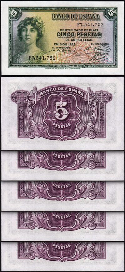Spain Espana 5 Pesetas 1935 1936, UNC, 5 Pcs LOT, Consecutive, P-85a, Prefix F