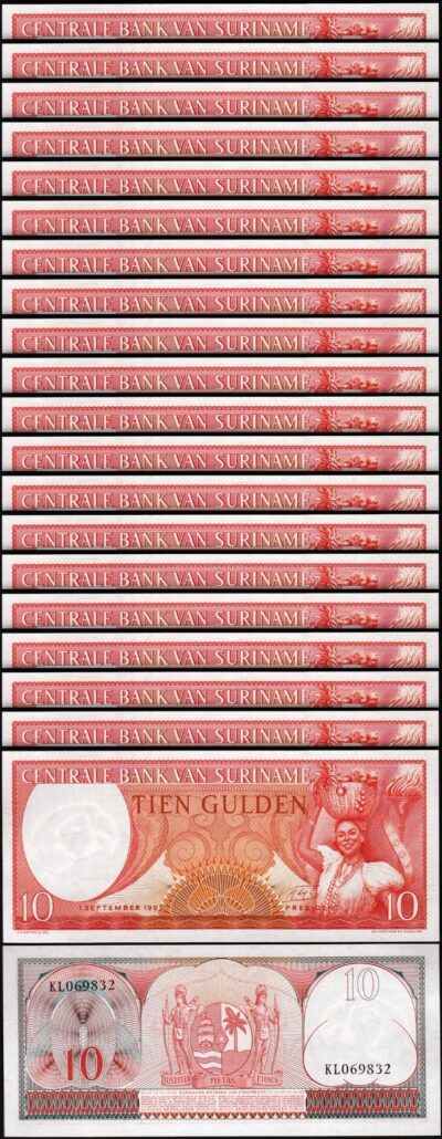 Surinam, Suriname 10 Gulden 1963, UNC, 20 Pcs LOT, P-121