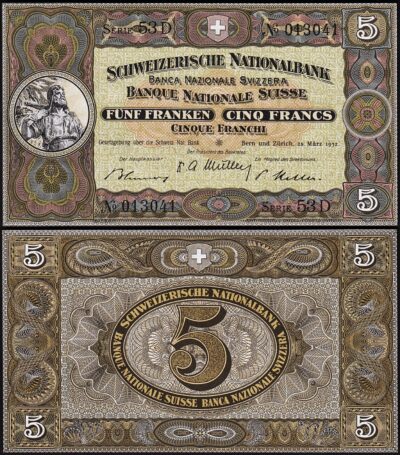 Switzerland 5 Francs 1952, UNC, P-11p