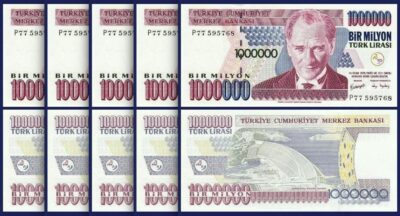 TURKEY 1000000 1,000,000 Million Lira 1970 (1996), UNC, 5 Pcs LOT, Prfx P, P-213