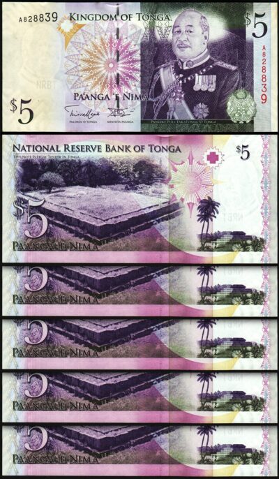 Tonga 5 Pa'anga ND 2008 2009, UNC, 5 Pcs LOT, Consecutive, P-39, Prefix A