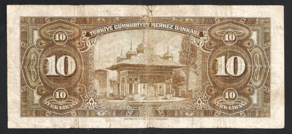 Turkey 10 Lira 1930 (1948), aVF, P-148a, President Inonu - Image 3