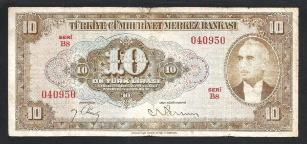 Turkey 10 Lira 1930 (1948), aVF, P-148a, President Inonu