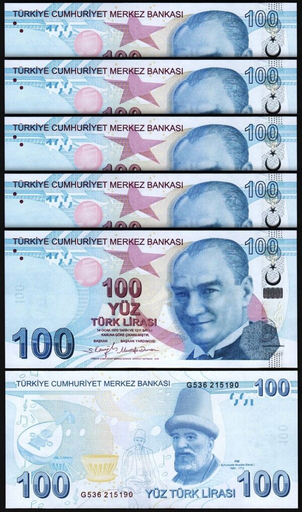 Turkey 100 Lira 2009 - 2024, UNC, 5 Pcs LOT, Consecutive, Prfx G, P-226,New Sign