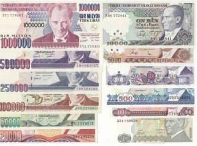 Turkey 12 Pcs UNC Set, 10 to 20000 50000 100000 250000 500000 1000000 1982-2002