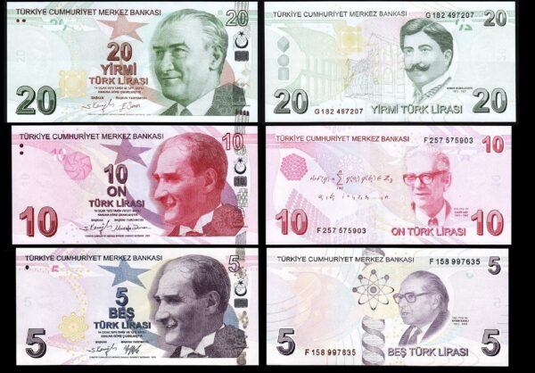 Turkey 3 Pcs UNC Set, 5 10 20 Lira 2022, Pick 222 to 224