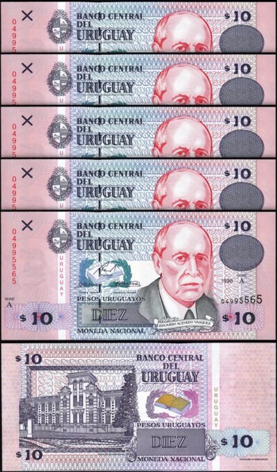Uruguay 10 Pesos 1998, UNC, 5 Pcs LOT, Consecutive, P-81, Serie A
