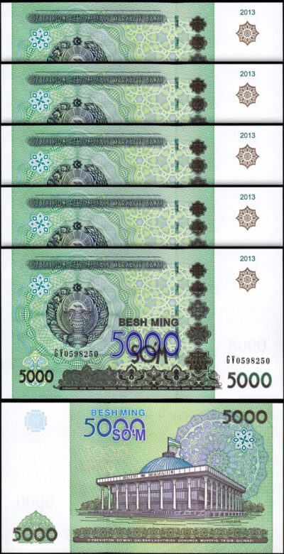 Uzbekistan 5000 Sum 2013, UNC, 5 Pcs LOT, Consecutive, P-83