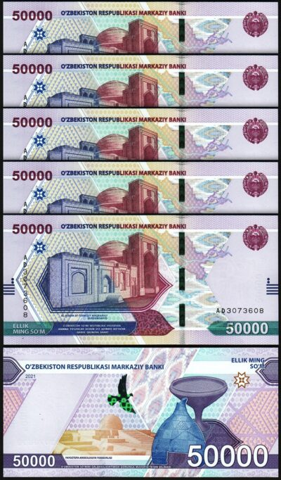 Uzbekistan 50000 50,000 Sum 2021, UNC, 5 Pcs LOT, P-91