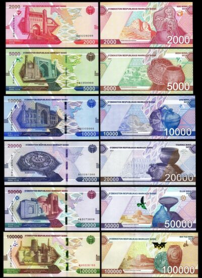 Uzbekistan 6 Pcs Set 2000 to 100000 Sum 2021 2022, UNC, P 87 88 89 90 91 92