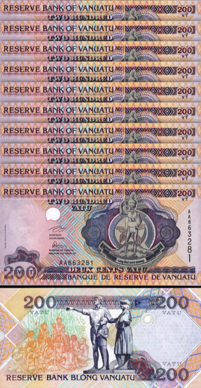 Vanuatu 200 Vatu 1995, UNC, 10 Pcs LOT, Consecutive, P-8a, Prefix AA