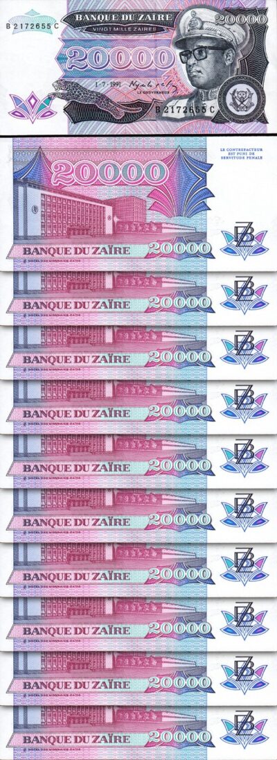 Zaire 20000 20.000 Zaires 1991, aUNC/UNC, 10 Pcs LOT, P-39, Printer HdMZ