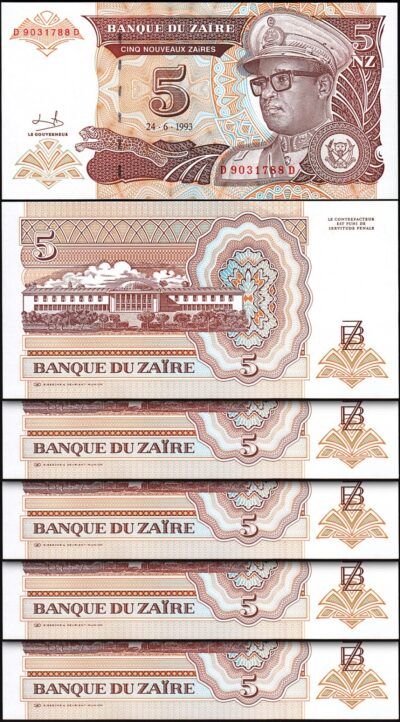 Zaire 5 Nouveaux Zaires 1993, UNC, 5 Pcs LOT, Consecutive, P-53a, Large