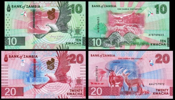 Zambia 2 Pcs SET, 10 20 Kwacha 2024 2025, UNC, P-62 P-63, New Design