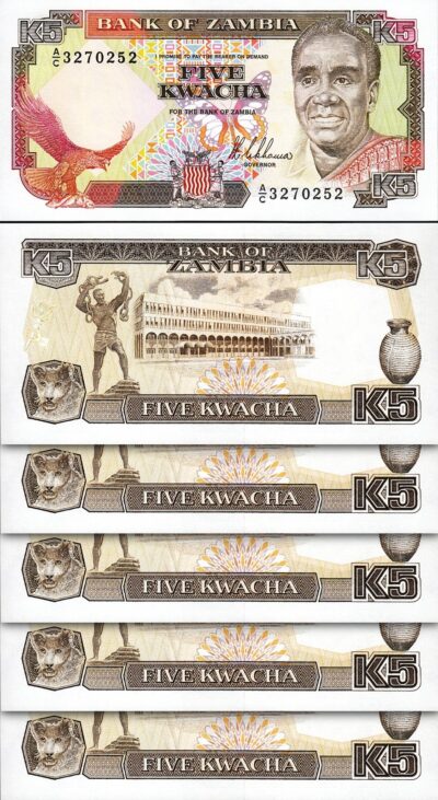 Zambia 5 Kwacha 1989, UNC, 5 Pcs LOT, Consecutive, P-30, Sign 8