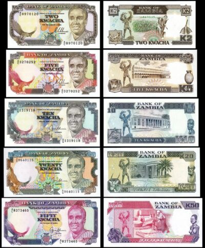 Zambia 5 Pcs SET, 2 5 10 20 50  Kwacha 1989 1991, UNC, P-29 30 31 32 33