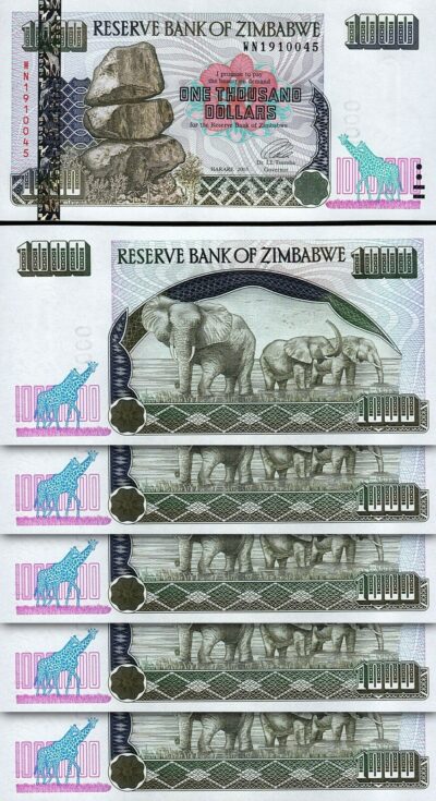 Zimbabwe 1000 Dollars 2003, UNC, 5 PCS LOT, P-12