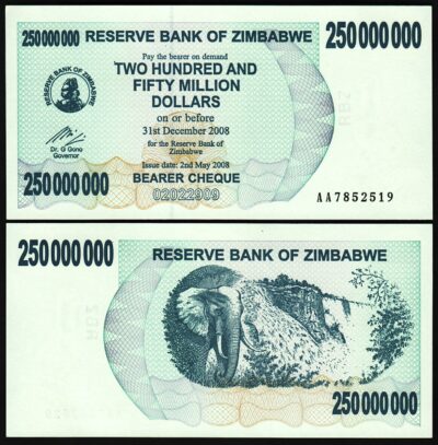 Zimbabwe 250,000,000, 250000000, 250 Million Dollars 2008,UNC,P-59,Bearer Cheque