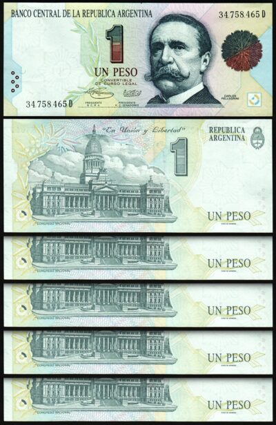 Argentina 1 Peso 1993, UNC, 5 Pcs LOT, Consecutive, P-339b