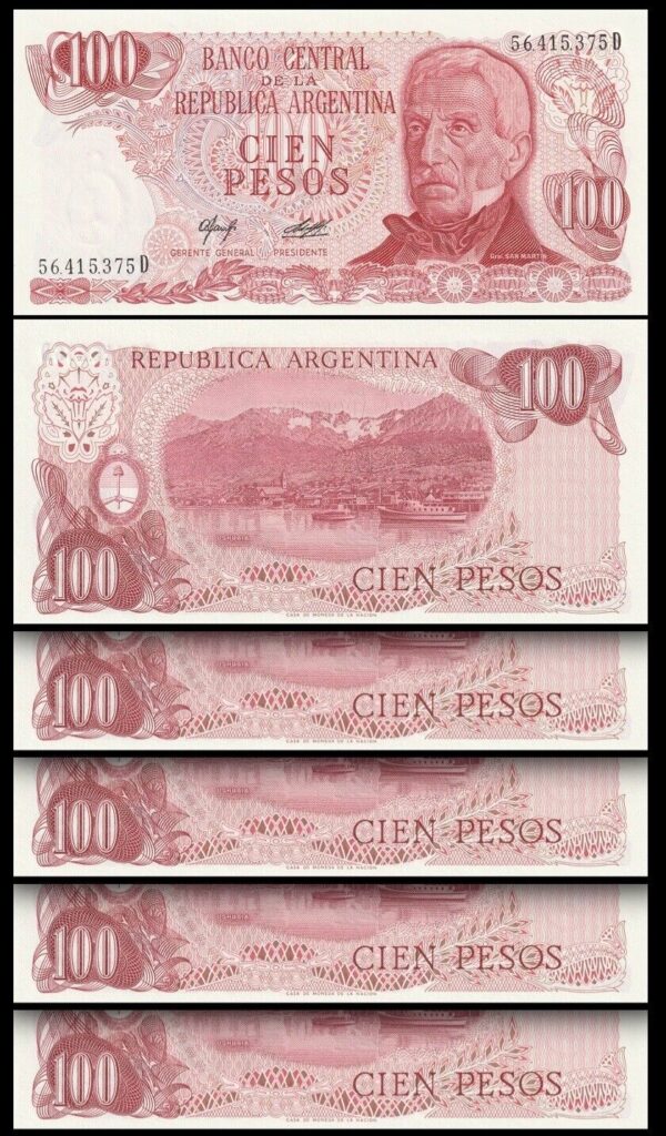 Argentina 100 Pesos, 1976 1978, aUNC / UNC, 5 Pcs LOT, P-302a Suffix D