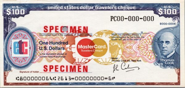 Australia SPECIMEN, ETC, Mastercard Travellers Cheque, 100 Dollars, AU, T.COOK