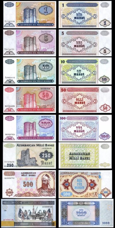Azerbaijan 8 Pcs UNC SET, 1 5 10 50 100 250 500 1000 Manat 1993 2001