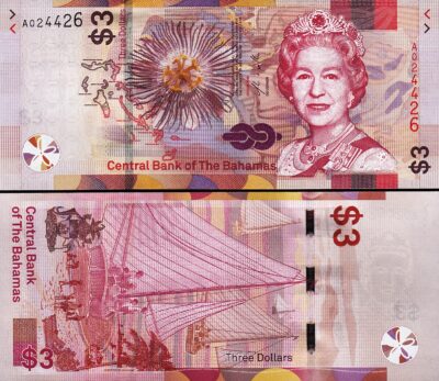 Bahamas 3 Dollars 2019, aUNC, P-78, QEII, Prefix A