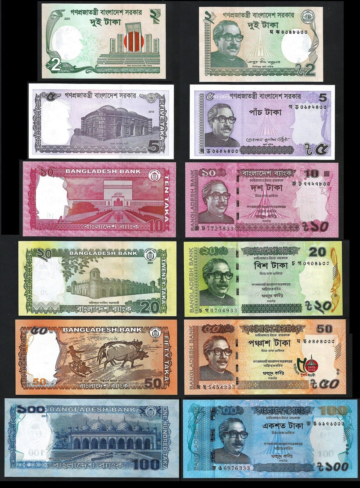 Bangladesh 6 Pcs SET, 2 5 10 20 50 100 Taka, 2018 2021 2022, UNC, PNew