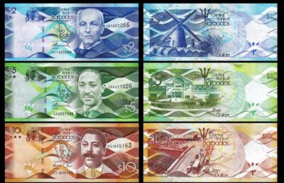 Barbados 3 PCS SET, 2 5 10 Dollars 2013 2018, UNC, P 73 74 75