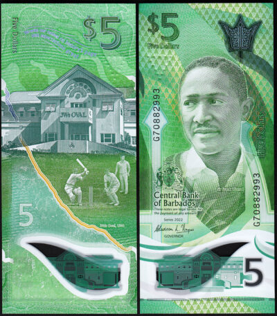 Barbados 5 Dollars, 2022, UNC, Polymer, P-81 New Design