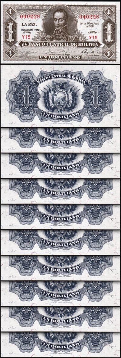 Bolivia 1 Boliviano 1928 (1952), UNC, 10 Pcs LOT, P-128c,Serie Y 15