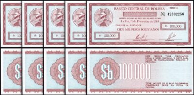Bolivia 100,000  100000 Pesos Bolivianos 1984, UNC, 5 Pcs LOT, Consecutive,P-188