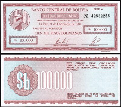 Bolivia 100,000  100000 Pesos Bolivianos, UNC, 1984, P-188