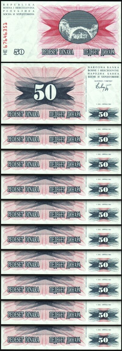 Bosnia 50 Dinara 1992, UNC, 10 Pcs LOT, Consecutive, P-12