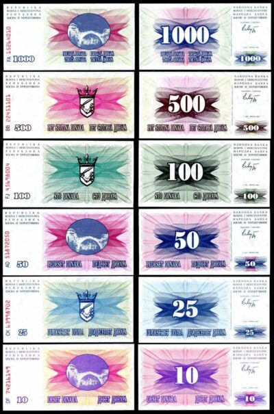 Bosnia 6 Pcs UNC Set, 10 25 50 100 500 1000 Dinara 1992, P-10 11 12 13 14 15