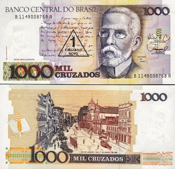 Brazil 1 Cruzado Novo on 1000 Cruzados, 1989, AU / UNC, 5 Pcs Lot, P-216b - Image 3