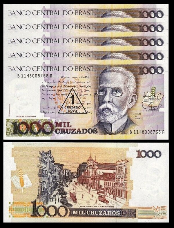 Brazil 1 Cruzado Novo on 1000 Cruzados, 1989, AU / UNC, 5 Pcs Lot, P-216b