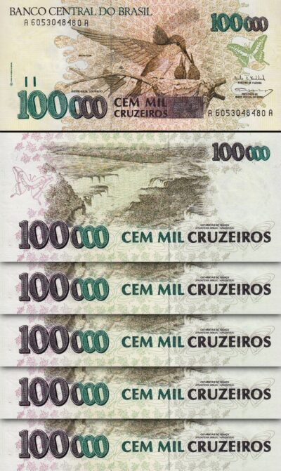 Brazil 100000 Cruzeiros 1993, UNC, 5 Pcs LOT, P-235b