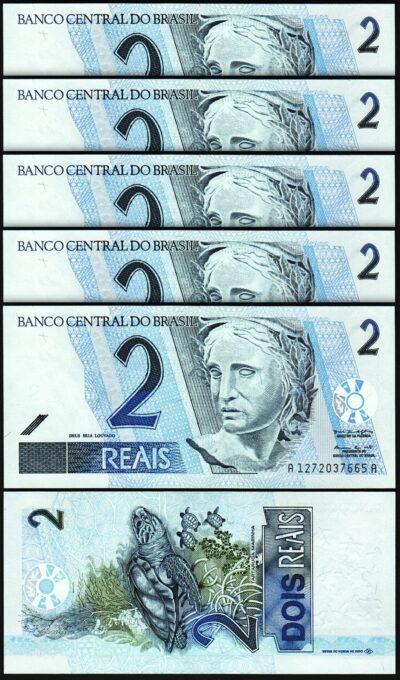 Brazil 2 Reais ND 2001, UNC, 5 Pcs LOT, Consecutive, A********A, P-249a, Sign 39