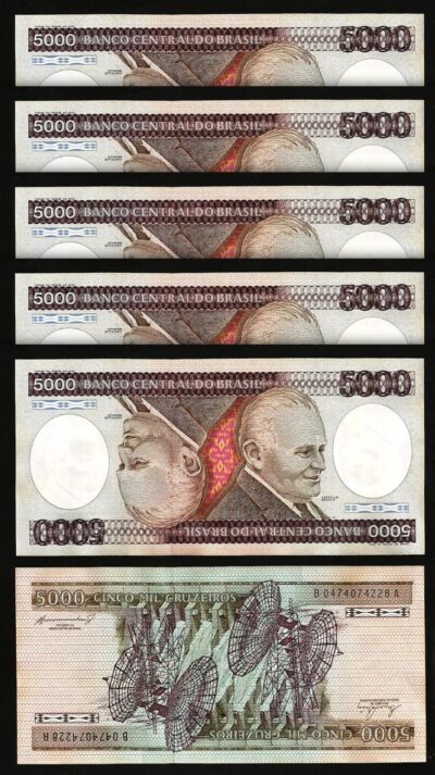 Brazil 5000 Cruzeiros 1984, UNC, 5 Pcs LOT, P-202c Sign 21