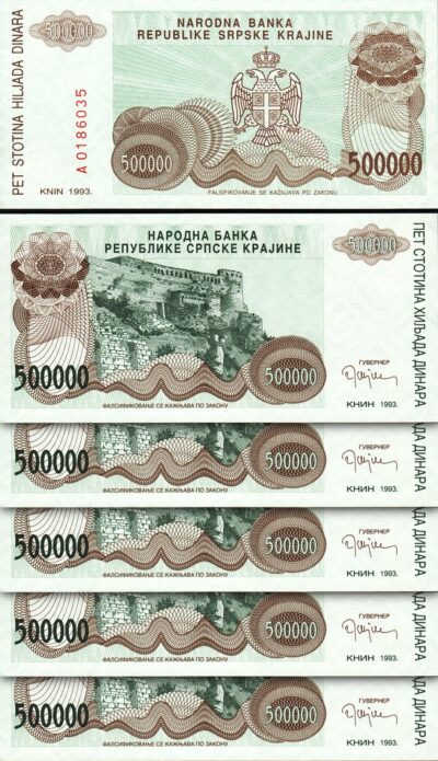 Croatia 500000 500,000 Dinara 1993, UNC, 5 Pcs LOT, Consecutive, P-R23, Prefix A