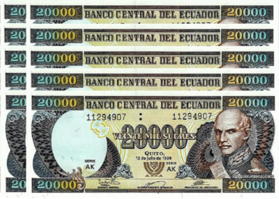 Ecuador 20000 Sucres 1999, UNC, 10 PCS Consecutive LOT, P-129, Serie AK