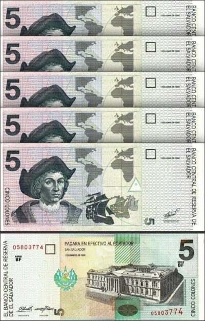 El Salvador 5 Colones 1998, UNC, 5 Pcs LOT, Consecutive, P-147b