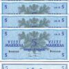 Finland 5 Markkaa 1963, UNC, 5 Pcs LOT, Consecutive, Litt B, P-106Aa