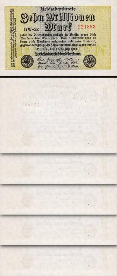Germany 10 Million Mark 1923, UNC, 5 Pcs LOT,  P-106b, Watermark Small Circles