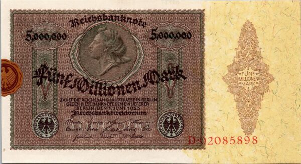 Germany 5000000, 5 Million Mark 1923, AU UNC, P-90, With Reichsbank Stamp