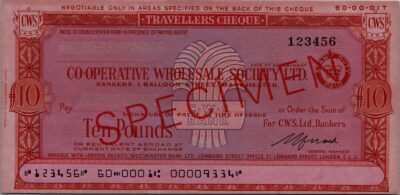 Great Britain Cws Bank London SPECIMEN, Traveller Cheque, 10 Pounds, UNC, TDLR