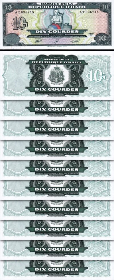 Haiti 10 Gourdes 1991, UNC, 10 Pcs LOT, Consecutive, P-256